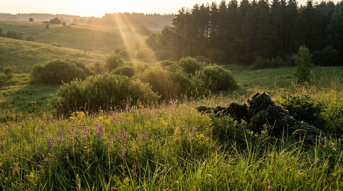 Golden-hour meadow with a concealed shooter in the treeline